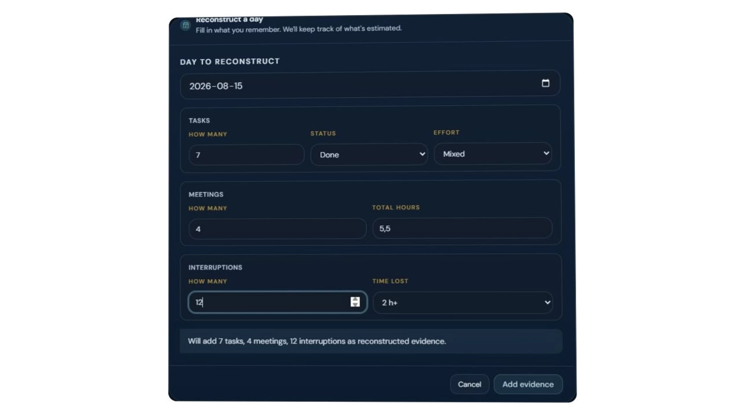 Reconstruct a day in CogniSource by adding remembered tasks, meetings, interruptions, and estimated time lost.
