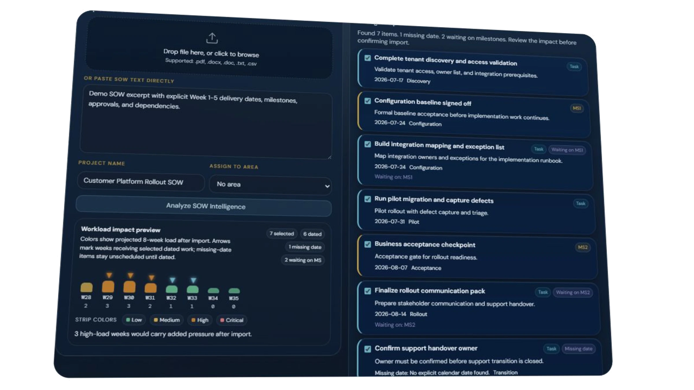 SOW Intelligence extracting dated tasks and milestones while previewing their impact on upcoming weekly workload.