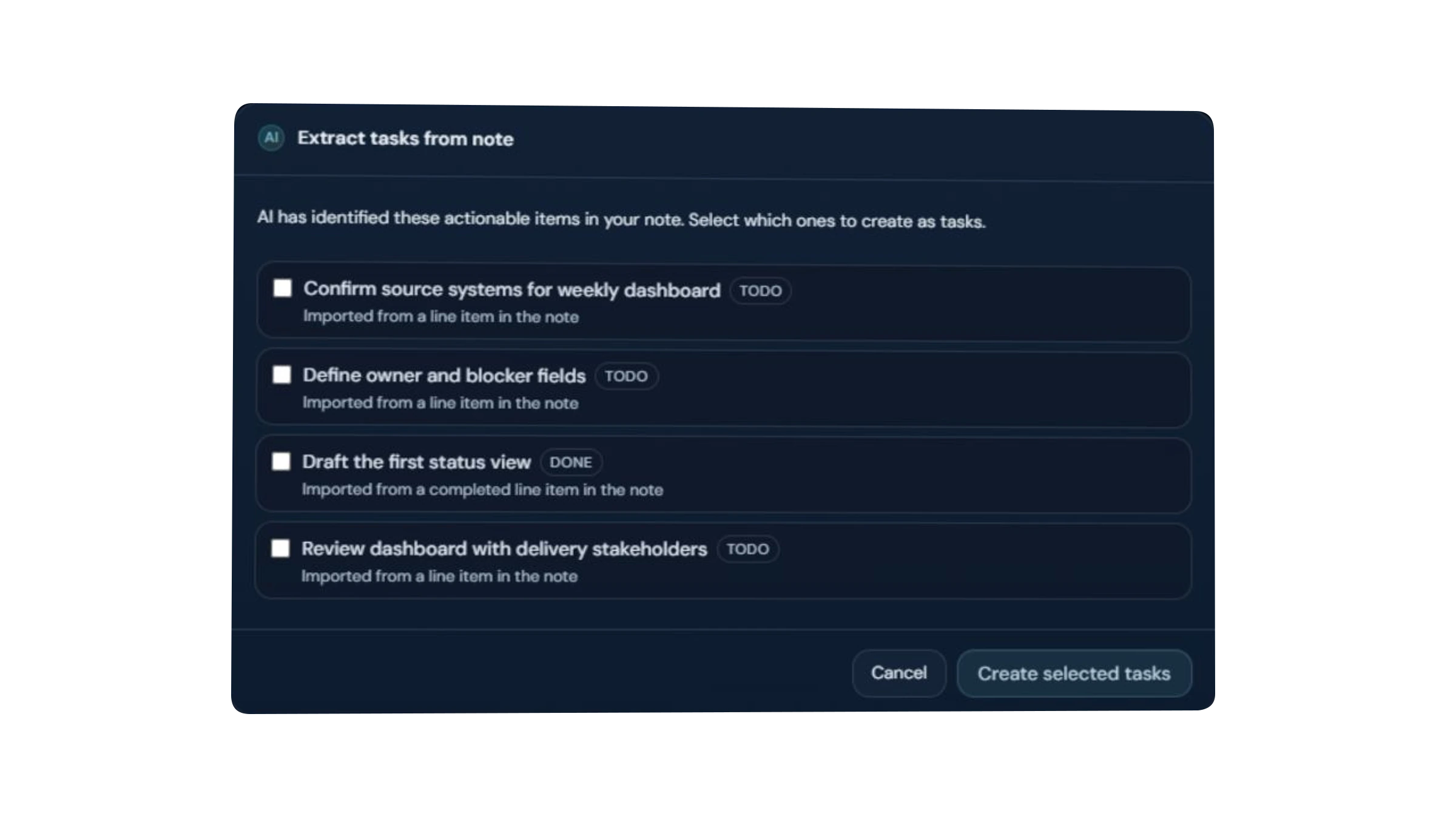 CogniSource extracting actionable tasks from a note while preserving Todo and Done states for review.